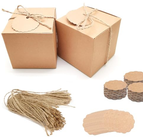 50 Stk Geschenkboxen Kraftpapier Set, Pralinenschachtel, Karton Schachteln 7 x 7 x 7 cm, Braun Pappschachteln mit Deckel, Geschenkbox Quadratisch für Geschenke, Party, Geburtstag