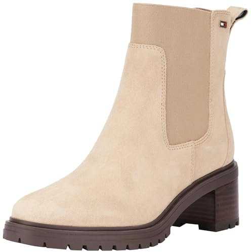 Tommy Hilfiger Donna Stivaletti Chelsea Flag Mid Heel Suede in Pelle Scamosciata, Beige (Beige), 38