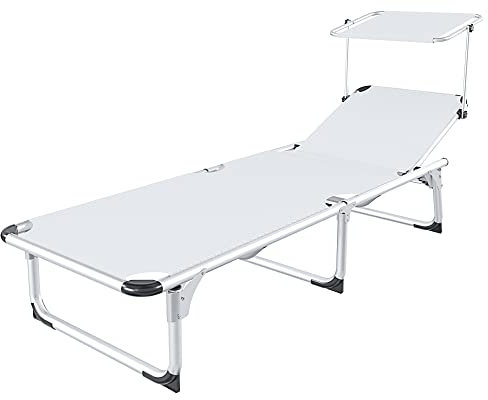 Lettino Pieghevole Con Tettuccio Parasole Prendisole 187 x 59 x 29 Cm Schienale Reclinabile Regolabile in 6 Posizioni Struttura In Alluminio Sedia Sdraio Per Spiaggia Mare Giardino Piscina (Bianco)