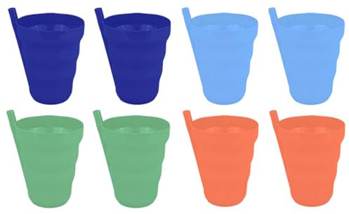 Drinking Glasses Sippy Cups with Straw Assorted Coloured Plastic Drinking Cups Tumblers with Built in Straws Water Juice Milk Kids Children Party Picnic Everyday Use, 8PC (Dark Colours)