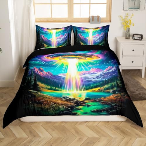 Loussiesd Kinder Raumschiff Bettwäsche Set 155x220cm Alien Raumschiff Betten Set Jungen Mädchen Schlafzimmer Zimmer Dekor, Regenbogen Raumschiff Außenraum Bettbezug Set Weich Bettwäsche-Set