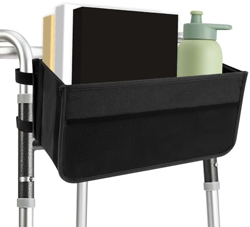 Walking Frame Bag with Cup Holder, 600D Oxford Cloth Walker Tote Bag, Walker Basket, Waterproof Walking Frame Caddy, Folding Walker Attachment Hands-Free Storage Basket Mobility Aid Accessory Pouch