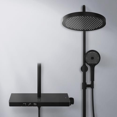 EMKE Colonne de douche thermostatique avec étagère en verre, 320 mm, douche de pluie extra large, douche à main avec 3 types de jets, noir mat, hauteur réglable 818-1068 mm