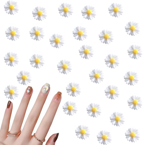 Daisy Nail Charms,100Pcs White Daisy Flower Nail Art Charms,Flatback Resin Nail Flowers Nail Accessories for Women Girls DIY Nail Designs Decorations Supplies (White)