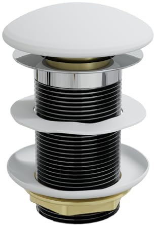 HAGO24 | Ablaufventil Weiß | Waschbecken ohne Überlauf | Push-Open | Ablaufgarnitur | Abflussventil | Messing | 1 1/4 Zoll | Universell | Waschbeckenstöpsel