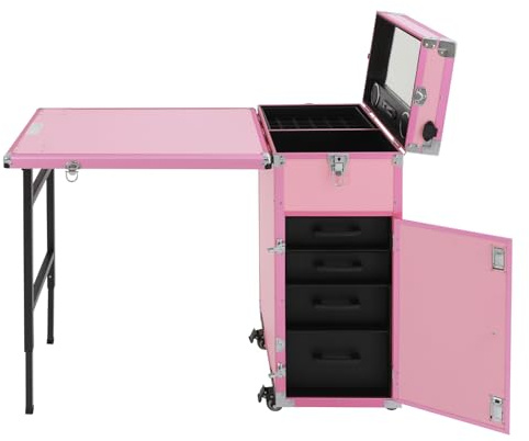 Kosmetik Trolley mit Tisch und 4 Schubladen, Rolling Maniküre Tisch, Make-up-Zug Koffer, Kosmetikkoffer, Großer Friseurkoffer, Manikürtisch, Nageltisch, Mobile Makeup-Station mit Rollen (Rosa)