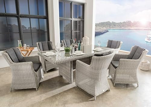 Destiny Sitzgruppe Luna 6 Sessel + Tisch 200x100cm, Polyrattan, Vintage weiß