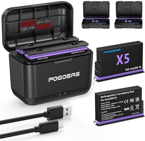 POEOSAS 360 X5 Akku für insta360 x5, 2-Pack 2850mAh X5 Akkus mit Type-C Fast Dual Charger Kompatibel mit Insta360 X5 Action Kamera Akkus und Ladegerät