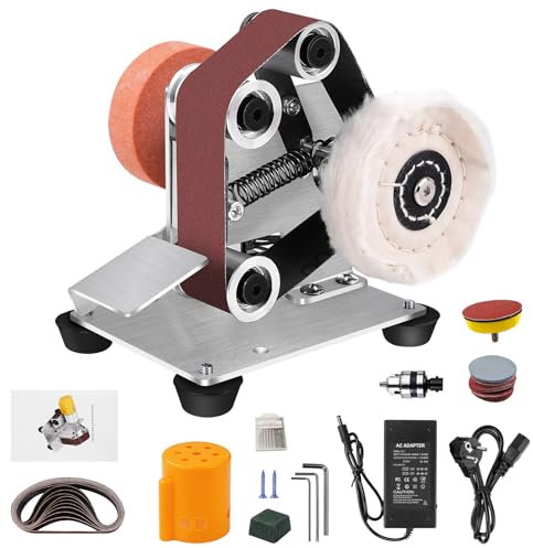 Uadme Mini Levigatrice a Nastro, Levigatrice Elettrica con 7 Velocità Regolabili, Levigatrice a nastro da Banco per Lavorazione del Legno, Lavorazione dei Metalli e DIY Gioielli