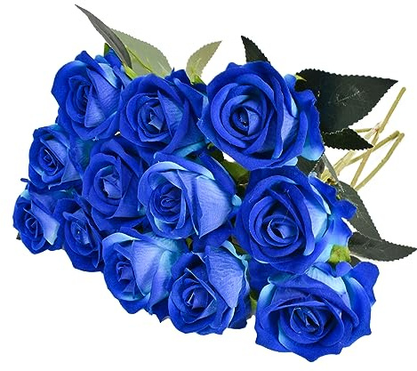 Eclove 12 Pcs Rose Artificiali, Realistiche Singola a Gambo, Fiori Artificiali Finto 30cm Lungo Rosa Finta, Bouquet da Sposa in Seta per Decorazioni in Casa per Giardino Feste Ufficio (Blu)