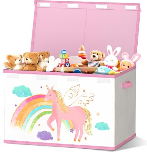VERONLY Spielzeugkiste Aufbewahrungsbox mit Deckel Kinderzimmer- 83L Faltbar Groß Spielzeug Aufbewahrung Kinder karton mit Griffen für Mädchen Kinderzimmer Bücher Schlafzimme(Beige&Rosa)