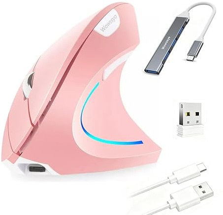 Wowssyo 2.4G Wireless Vertikale Ergonomische, Wiederaufladbar, Optische Maus Vertical Ergonomic Optical Mouse Kabellos für Windows und Mac OS, Bluetooth Maus, 800/1200/1600 DPI, 5 Tasten - Rosa