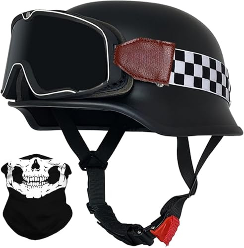 Vintage Tedesco Mezzo Casco Moto Con Occhiali, Casco A Faccia Aperta Retrò Omologato DOT/ECE, Casco Moto Jet Casco Scooter, Casco A Scodella Per Donna E Uomo Adulto 13,XL=61-62CM