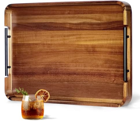 OurMiao 22-in Acacia Wood Ottoman Serving Tray with Handle, Rounded Corner | Large Decorative Wooden Tray, Black Metal Handles, for Living Room, Coffee Table, Ottoman Table, Sofa, Couch, Bed Breakfast