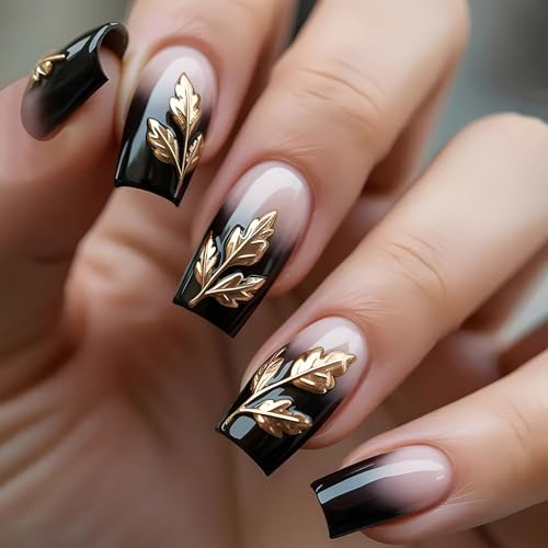 24PCS Black False Nails French Tip - Fake Nails with Glue - Gothic Press on nails Designed with Golden Leaf - Medium Square Stick on Nails for Women - Long Lasting Acrylic Nail Tips in 12 Sizes