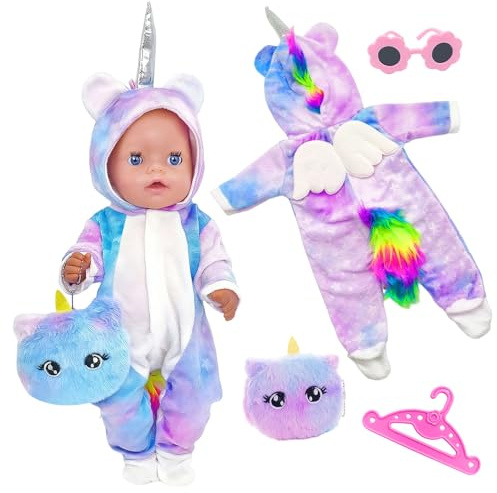 Atomvia Baby Puppen Puppenkleidung 35-43 cm 4-teiliges Outfit mit Geldbörse Kleiderbügel Sonnenbrille Babypuppe Kleidung für 14-18 Zoll Puppen(Ohne Puppe)