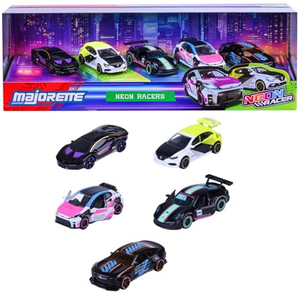 Majorette Neon Racer 5er Geschenkset - 5 Spielzeugautos mit Freilauf, zu öffnende Teile, aus Metall, 1:64, offiziell lizenziert, Mehrfarbig, für Sammler und Kinder ab 3 Jahren, je 7,5 cm