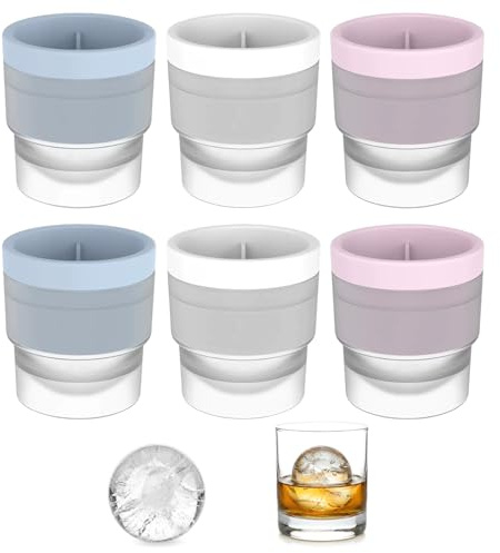 6Pcs Ice Ball Mould, Round Ice Cube Moulds, 6CM Silicone Ice Ball Maker, Stackable Design Ball Ice Cube Moulds with Easy Release for Whisky Cocktails Soft Drinks (Pink, Blue, White)