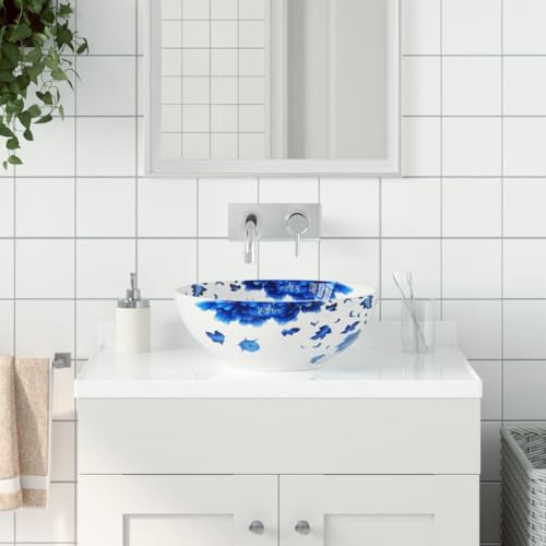 Lavabo da appoggio rotondo, diametro 41 cm, in ceramica, design vintage, per WC degli ospiti, bagno, motivo blu e bianco