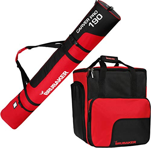 BRUBAKER Kombi Set Skisack und Skischuhtasche für 1 Paar Ski bis 190 cm + Stöcke + Schuhe + Helm Schwarz Rot