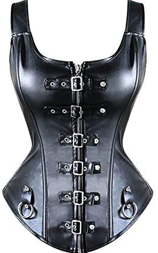 KUOSE Damen Vollbrust Lackleder Korsett Corsagentop Bustier Korsage Shirt Farbe Schwarz, Groesse M Schwarz EUR(34-36)M