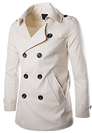 Homme Slim Fit Manteaux Long Trench Coat Coupe Vent Veste avec Ceinture Blouson Beige XS