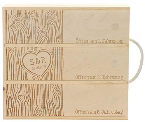 LAUBLUST Holzkiste für 3 Weinflaschen Love Motiv - Weinkiste zur Hochzeit mit Wunsch-Gravur - 35x32x11cm, Natur, FSC®