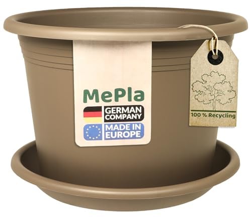 MePla - Blumentopf Pflanzkübel Cylindro ø45 cm + Untersetzer ø44 cm, Taupe, wetterfest aus UV-beständigem Kunststoff