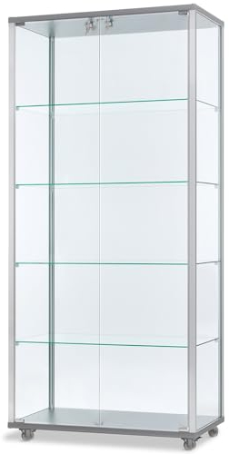 MHN Glasvitrine mit Rollen T 41,7 x B 78,2 x H 183 cm - breite Ausstellungs-Vitrine abschließbar - großer Glas-Vitrinenschrank ohne Beleuchtung