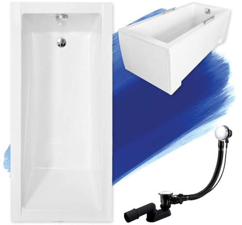 BADLAND Badewanne Original Weiß Acryl Wanne Rechteck MODERN 150x70 KOMPLETTSET SET mit Weiß Acrylschürze + Füßen und Exklusive Chrom Automatik Ablaufgarnitur Made in EU 4in1