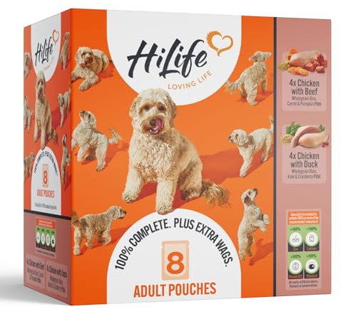 HiLife Adult Wet Dog Food, Mixed Chicken & Meat Recipes, Complete Dog Food Pouches, 100% Natural Ingredients, Chicken with Beef & Duck (24 x 150g Pouches)