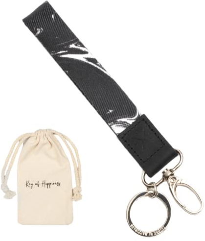 Things of Happiness Schlüsselband kurz mit Schlüsselring & Karabiner für Mann & Frau | Schlüsselanhänger | Kleines Geschenk Geburtstag, Valentinstag, Weihnachten | kurzes Lanyard (Schwarz/Marmor)
