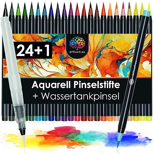 OfficeTree 24+1 Aquarellstifte Pinselstifte mit Wasserstift - Wasserfarben Stifte - Aqua Stifte - Watercolor Brush Pen Set auf Wasserbasis - Aquarell Pinselstifte Set für Handlettering