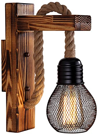 YUNYODA Applique murale en corde de chanvre en bois industriel, personnalité créative, poulie dascenseur, luminaires muraux, lampe rétro vintage pour café de chambre à coucher (sans ampoule)
