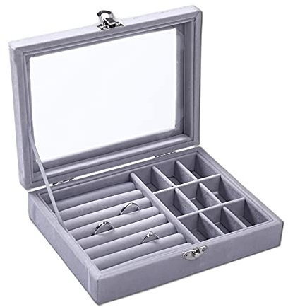 Damen Schmuckschatulle, Abschließbare Schmuckschatulle, Mit Transparenter Glasabdeckung, Für die Lagerung Ringe, Manschettenknöpfe, Ohrringe und Halsketten (Grau)