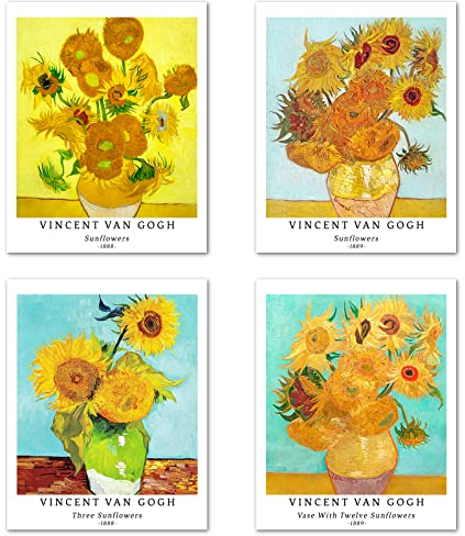 Kunstdruck Ungerahmt Bilder Set von 4, Poster Größe: 28x35 cm Premium Kunstpapier Wanddeko Vintage Familie Geschenk Botanische Sonnenblume Passenden Kinderzimmer Deko Vincent Van Gogh Paintings