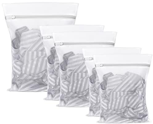 Flintronic 5Pcs Bolsa de Lavadora Malla, Bolsas de Malla, Bolsa Colada de Lavandería: 1 Extra Grande & 2 Grande& 2 Mediana, Cremallera Gris (1 * 60 x 60cm, 2 * 40 x 50cm, 2 * 30 x 40cm)