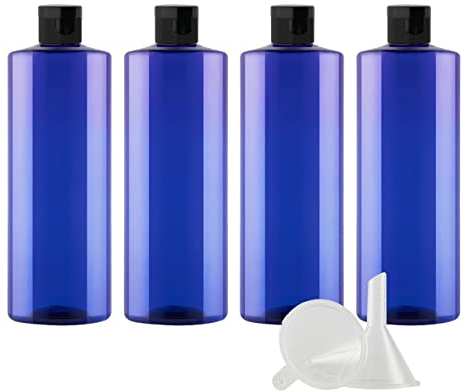ZEOABSY 4 Pièces 500 ML Bleu Bouteille en Plastique avec Bouchon à Charnière Noir, Épaule Plate Vider Bouteille Ronde en PET de Voyage pour Cosmétiques Liquides