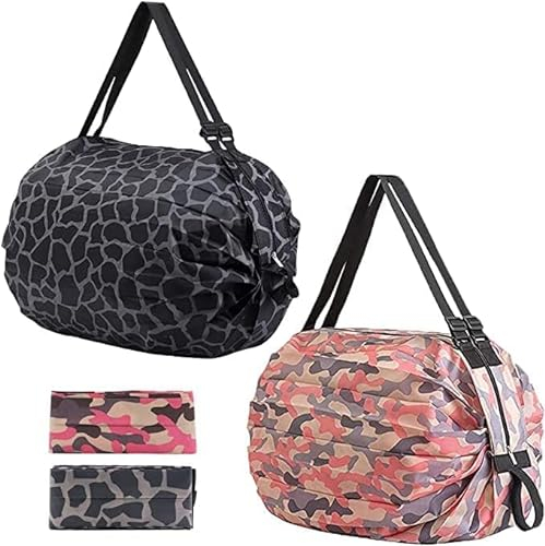 FANGZHE Einkaufstaschen Lebensmitteleinkaufstasche, 2pcs wiederverwendbare faltbare Einkaufstasche, Sportreise -Umhängetasche, wiederverwendbare Einkaufstasche (schwarzer Leoparden + Pink Camouflage)