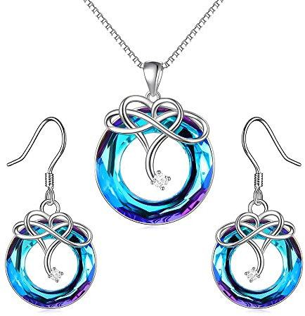 TOEECY Unendlichkeit Herz Schmuckset Kristall Halskette Ohrringe Damen Schmuck Silber Anhänger Kette Ewigkeit Symbol Elegant Jubiläum