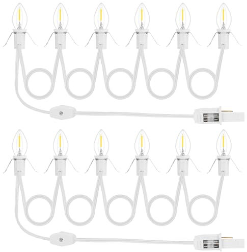 2Pack Accessory Cord with 12 LED Light Bulbs Christmas Village String Light 10.3FT White Cord with Spare Fuse Warm White C7 Lamp for Halloween Pumpkins Christmas Village Houses and Craft Decoration