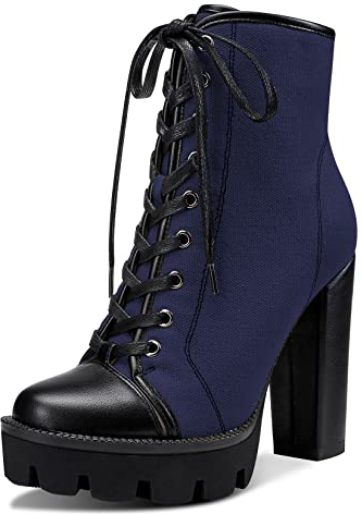 Castamere Donna Chunky Blocco Alto High Tacco Heel Piattaforma Stivaletti Rotonda Punta Lacci Cerniera Stivali Blu Navy 38 EU