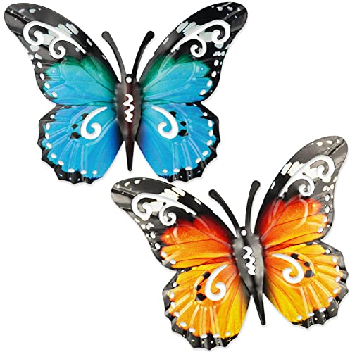 SZCXDKJ 2 Stücke Outdoor Große Metall Schmetterling Garten Dekorationen Outdoor Wandkunst Metall Schmetterling für Outdoor Zäune Schuppen Wände, 27 x 22 cm (Blau und Gelb)