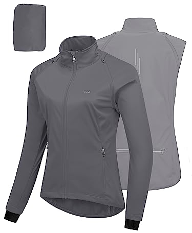 33,000ft Fahrradjacke Damen Wasserdicht Atmungsaktiv Sommer UV-Schutz Leicht Fahrradweste mit Abnehmbaren Ärmeln Fahrrad Reflektierend Regenjacke Frauen Grau 2XL