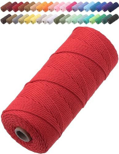 GOHOF Macrame Cord 2mm x 205m Premium Cotton Macrame Rope, 3 Strand Twisted Soft Cotton Cord, One of The Most Perfect Materials for Macrame Art, Cotton String Without Chemicals (Red)
