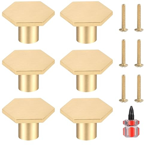 6 Pièces Boutons de Portes, Boutons Armoire Laiton, Boutons de Meuble Doré, Boutons de Tiroir de Commode, Hexagonal Monotrou Poignée pour Cuisine, Bureau, Placard, avec Tournevis (30 * 21MM)