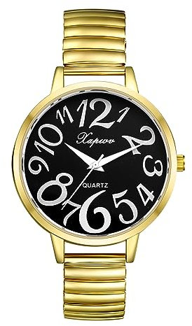 Silverora Damenuhr Elastisch Uhr Damen- Groß Schwarz Zifferblatt Analoge Quarz Uhren mit Elastische Armband Klare Leicht lesbare Armbanduhr mit Arabische Zahlenskala Geschenke für Frauen Ältere Gold