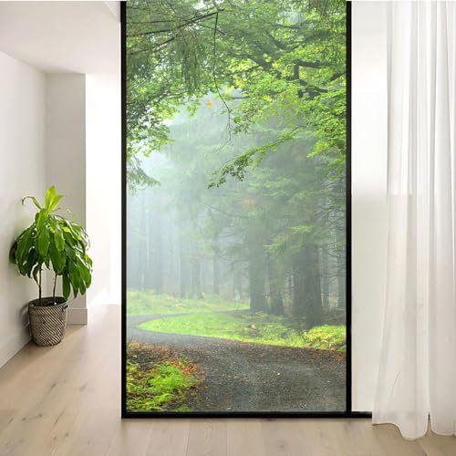 Statisch haftende Fensterfolie, Sichtschutz, Wärmeregulierung, Anti-UV-Schutz, Fensteraufkleber, natürliche Landschaft, Wald, 2 dekorative mattierte Fensterfolien, B 19,7 x H 59,1 (50 x 150 cm)