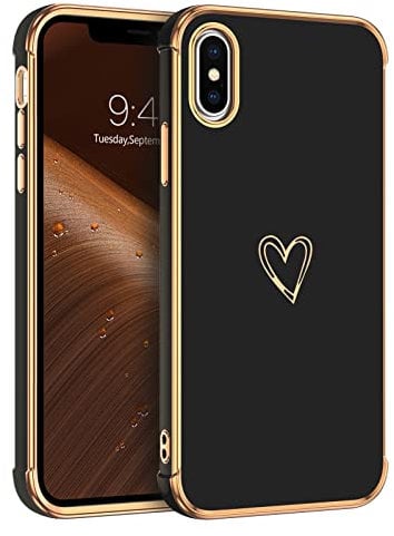 DOMAVER for iPhone X Case and iPhone Xs Case Luxury Cute Gold Heart for Women Girls, Full Camera Protector Shockproof Protective Corner Cover -Black