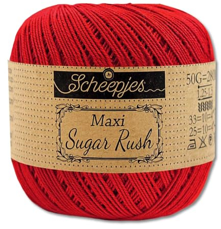 Frida's Wollhaus Scheepjes Maxi Sugar Rush Crochet Yarn Fillet Crochet Cotton, 1.76 oz (50 g), 87 Colors (722 | Red)